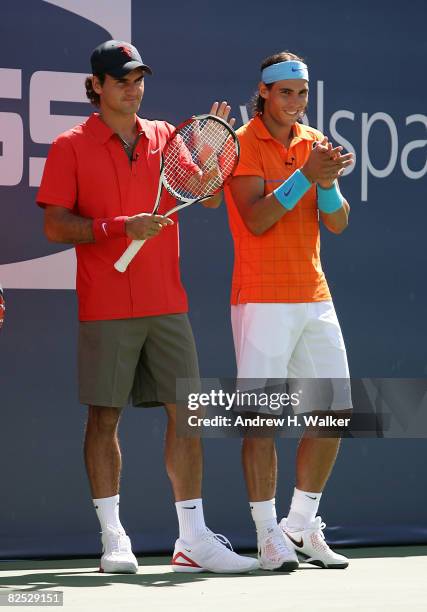 Tennis stars Roger Federer and Rafael Nadal attend the 2008 Arthur Ashe Kids Day at the USTA Billie Jean King National Tennis Center on August 23,...