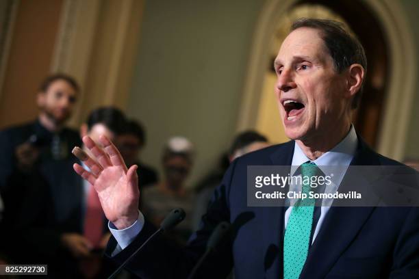 Sen. Ron Wyden talks with reporters following the Senate Democratic policy luncheon at the U.S. Capitol August 1, 2017 in Washington, DC. Senate...