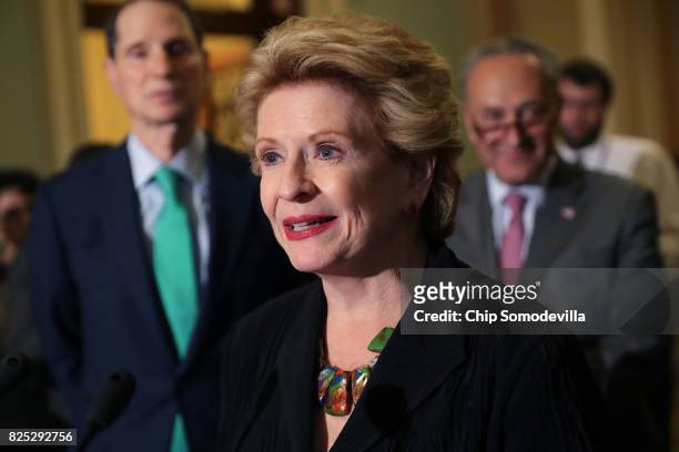 Sen. Debbie Stabenow talks with reporters following the Senate Democratic policy luncheon at the U.S. Capitol August 1, 2017 in Washington, DC....