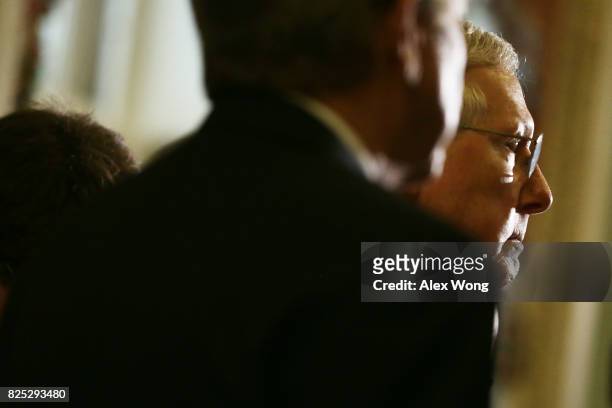 Senate Majority Leader Sen. Mitch McConnell listens during a media briefing at the Capitol August 1, 2017 in Washington, DC. Senate Republicans held...