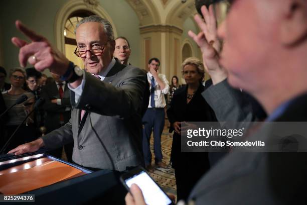 Senate Minority Leader Charles Schumer talks with reporters following the Senate Democratic policy luncheon at the U.S. Capitol August 1, 2017 in...