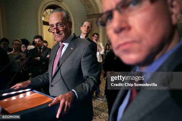 Senate Minority Leader Charles Schumer talks with reporters following the Senate Democratic policy luncheon at the U.S. Capitol August 1, 2017 in...