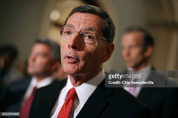 Sen. John Barrasso talks to reporters following the Republican Senate policy luncheon at the U.S. Capitol August 1, 2017 in Washington, DC. After...