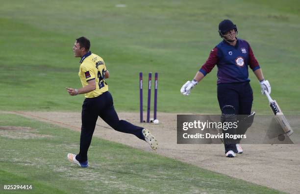 Richard Levi of Northamptonshire is bowled by Aaron Thomason during the NatWest T20 Blast match between Northamptonshire Steelbacks and Birmingham...