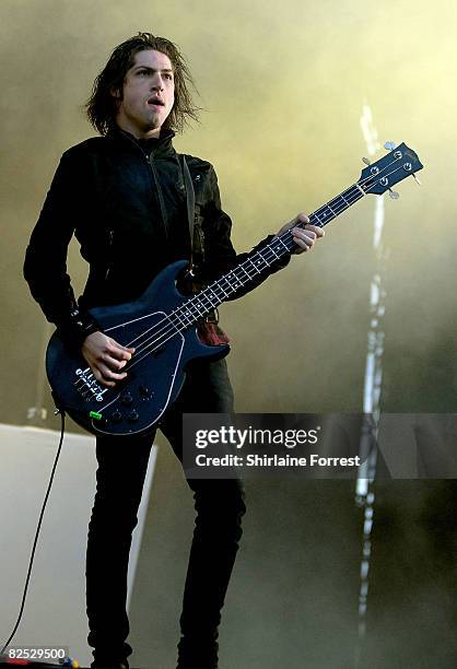 Michael "Mikey Shoes" Shuman of Queens Of The Stoneage performs at day two of the Leeds Festival at Bramhall Park on August 23, 2008 in Leeds ,...