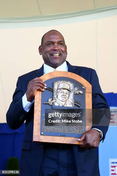 Tim Raines pose for a photo at Clark Sports Center during the Baseball Hall of Fame induction ceremony on July 30, 2017 in Cooperstown, New York.