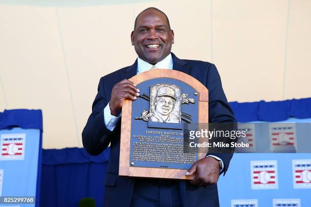 Tim Raines pose for a photo at Clark Sports Center during the Baseball Hall of Fame induction ceremony on July 30, 2017 in Cooperstown, New York.