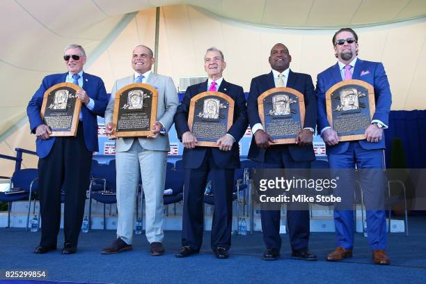 Bud Selig, Ivan Rodriguez, John Schuerholz, Tim Raines and Jeff Bagewell pose for a photo at Clark Sports Center during the Baseball Hall of Fame...