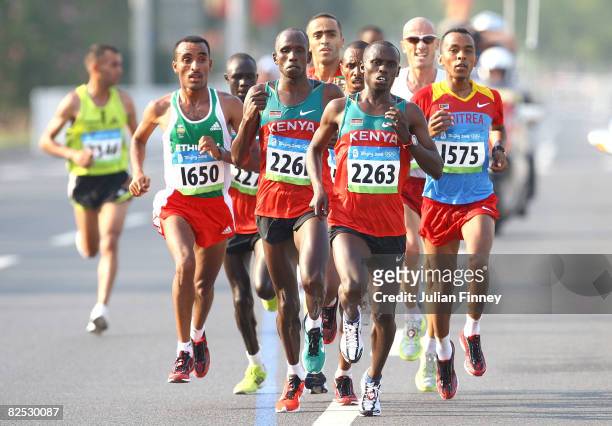 Sammy Wanjiru of Kenya leads the field during the Men's Marathon finishing at the National Stadium during Day 16 of the Beijing 2008 Olympic Games on...