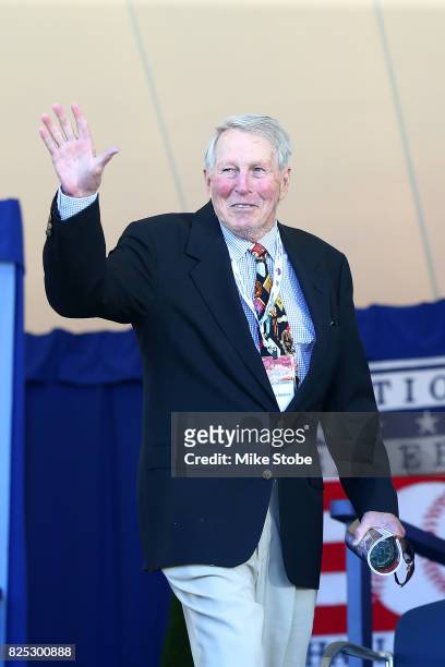 Hall of Famer Brooks Robinson is introduced at Clark Sports Center during the Baseball Hall of Fame induction ceremony on July 30, 2017 in...