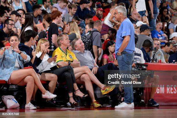 Owner of the Milwaukee Bucks, Wes Edens talks with Marc Lasry at the game between the Milwaukee Bucks and the Brooklyn Nets during the 2017 Las Vegas...