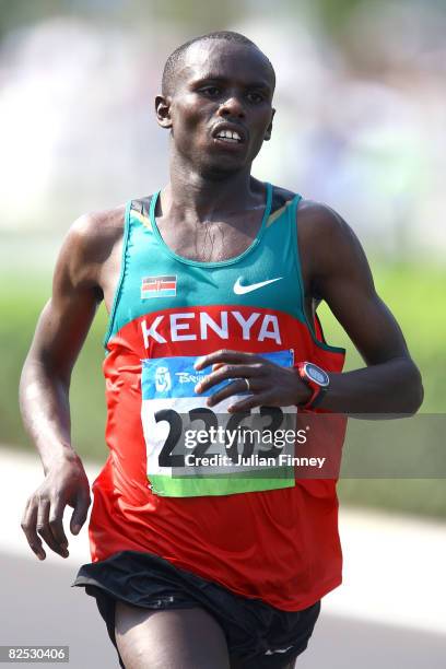 Sammy Wanjiru of Kenya runs during the Men's Marathon on the way to the National Stadium during Day 16 of the Beijing 2008 Olympic Games on August...