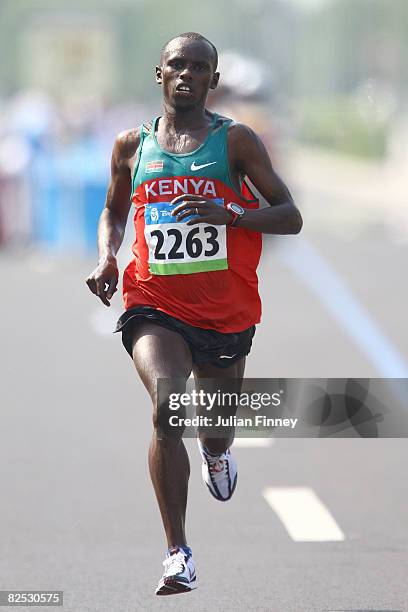 Sammy Wanjiru of Kenya runs during the Men's Marathon on the way to the National Stadium during Day 16 of the Beijing 2008 Olympic Games on August...