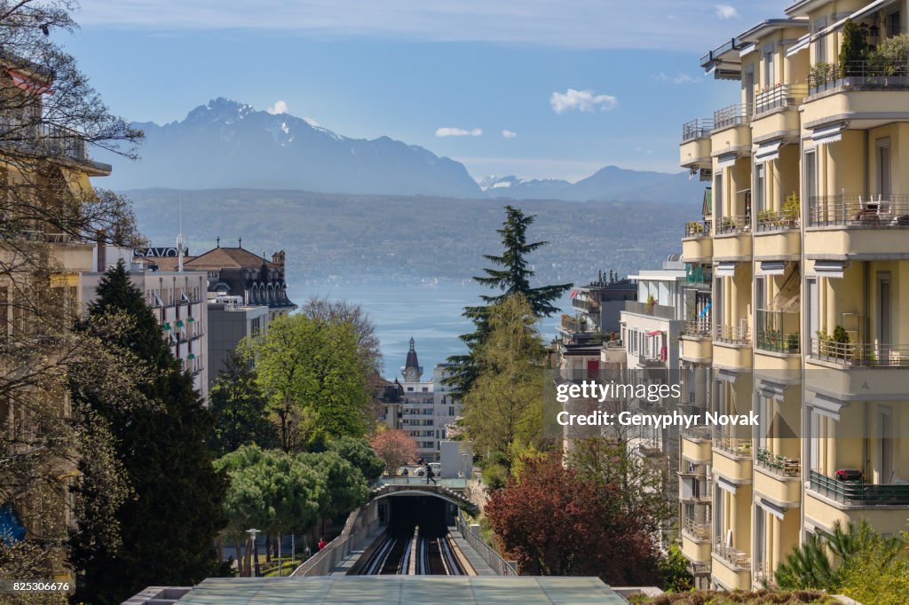 Lausanne view towards Lake Geneva over Metro