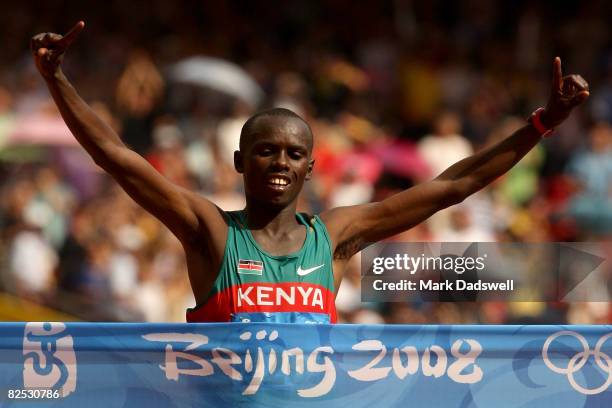 Sammy Wanjiru of Kenya crosses the finish line to win the Men's Marathon in the National Stadium during Day 16 of the Beijing 2008 Olympic Games on...