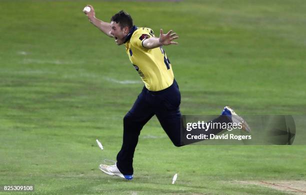 Aaron Thomason of Birmingham Bears celebrates after running out Alex Wakely off the last ball to win the match by two runs during the NatWest T20...