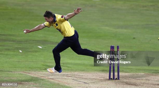 Aaron Thomason of Birmingham Bears celebrates after running out Alex Wakely off the last ball to win the match by two runs during the NatWest T20...