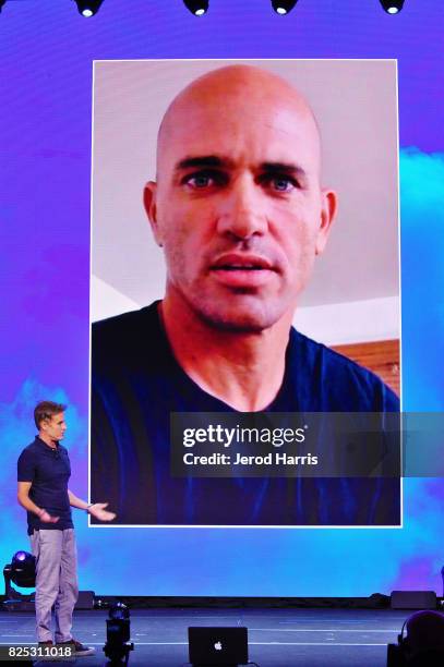 Terry Hardy introduces Kelly Slater via Skype at WORLDZ Cultural Marketing Summit at Hollywood and Highland on August 1, 2017 in Los Angeles,...