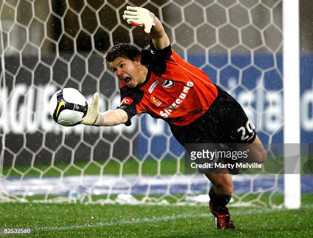 Mitchell Langerak keeper of the Victory fends of a shot at goal during the round two A-League match between the Wellington Phoenix and the Melbourne...
