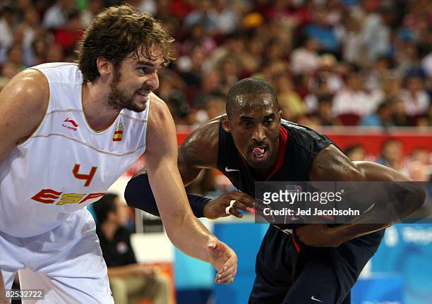 Pau Gasol of Spain and Kobe Bryant of the United States battle for position in the gold medal game during Day 16 of the Beijing 2008 Olympic Games at...