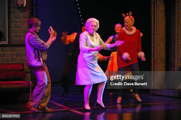 Cast members including Louise Bailey perform at the curtain call during the press night performance of "David Walliams' Gangsta Granny" at The...