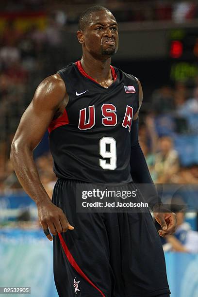 Dwyane Wade of the United States reacts during the gold medal game against Spain during Day 16 of the Beijing 2008 Olympic Games at the Beijing...