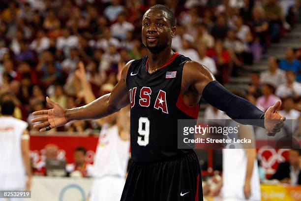 Dwyane Wade of the United States reacts during the gold medal game against Spain during Day 16 of the Beijing 2008 Olympic Games at the Beijing...