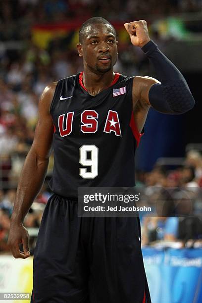 Dwyane Wade of the United States reacts in the fourth quarter of the gold medal game against Spain during Day 16 of the Beijing 2008 Olympic Games at...