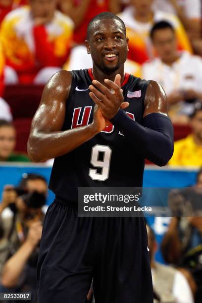 Dwyane Wade of the United States celebrates defeating Spain 118-107 in the gold medal game during Day 16 of the Beijing 2008 Olympic Games at the...