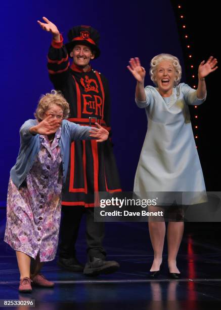 Gilly Tompkins, Richard James and Louise Bailey bow at the curtain call during the press night performance of "David Walliams' Gangsta Granny" at The...