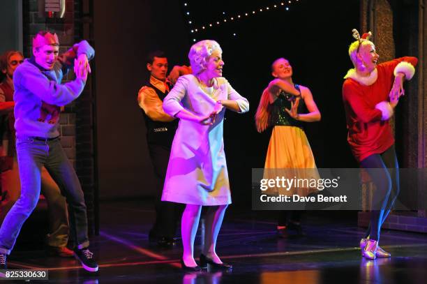 Cast members including Louise Bailey perform at the curtain call during the press night performance of "David Walliams' Gangsta Granny" at The...