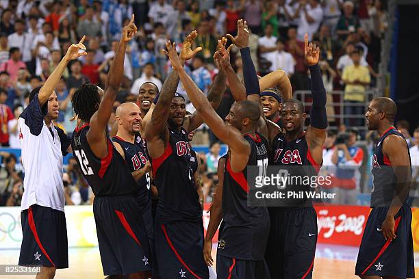The United States team huddles at center court after defeating Spain 118-107 in the gold medal game during Day 16 of the Beijing 2008 Olympic Games...