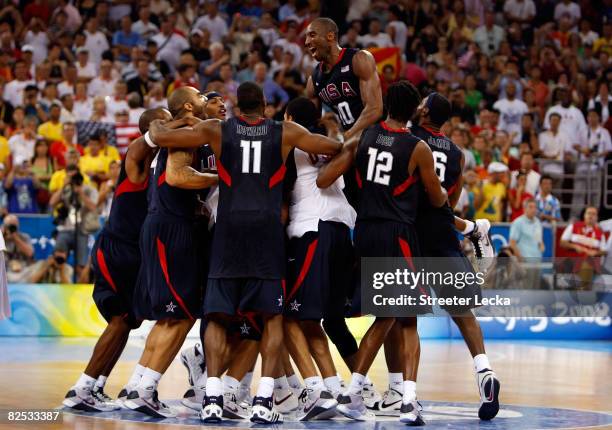 Kobe Bryant of the United States celebrates with his teammates after defeating Spain 118-107 in the gold medal game during Day 16 of the Beijing 2008...