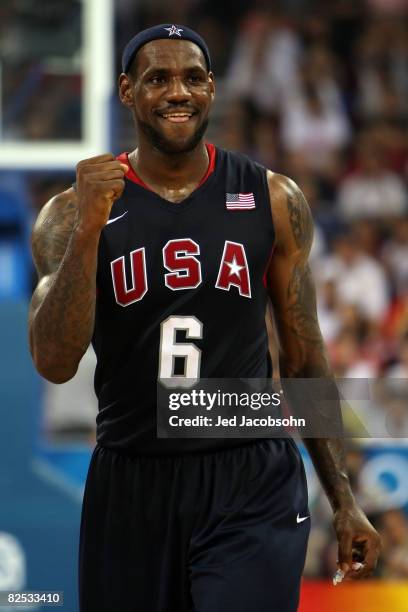 LeBron James of the United States celebrates in the gold medal game against Spain during Day 16 of the Beijing 2008 Olympic Games at the Beijing...