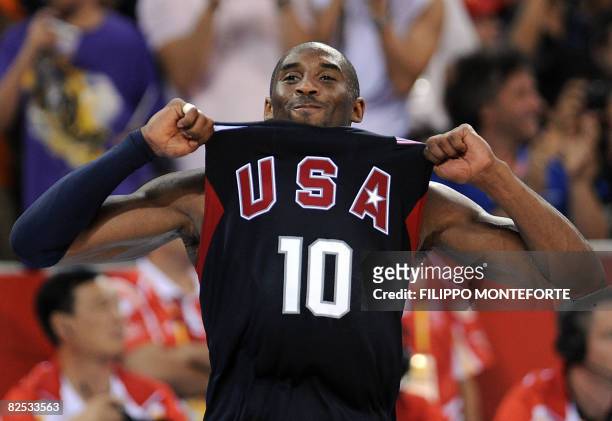 S Kobe Bryant celebrates at the end of the men's basketball gold medal match Spain against The US of the Beijing 2008 Olympic Games on August 24,...
