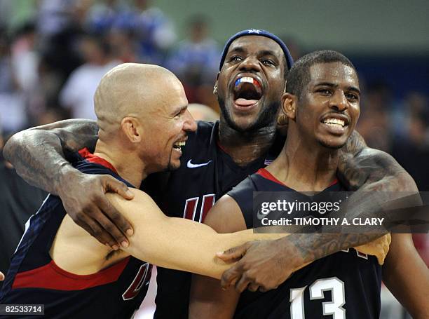 S Jason Kidd, USA's LeBron James and USA's Paul Chris celebrate at the end of the men's basketball gold medal match Spain against The US of the...