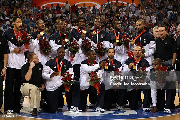 The United States poses after receiving the gold medal in men's basketball after defeating Spain during Day 16 of the Beijing 2008 Olympic Games at...
