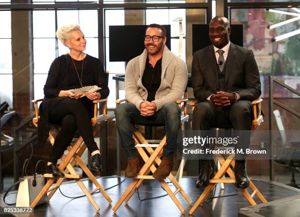 Actors Monica Potter, Jeremy Piven, and Richard T. Jones of 'Wisdom of the Crowd' speak onstage during the CBS portion of the 2017 Summer Television...