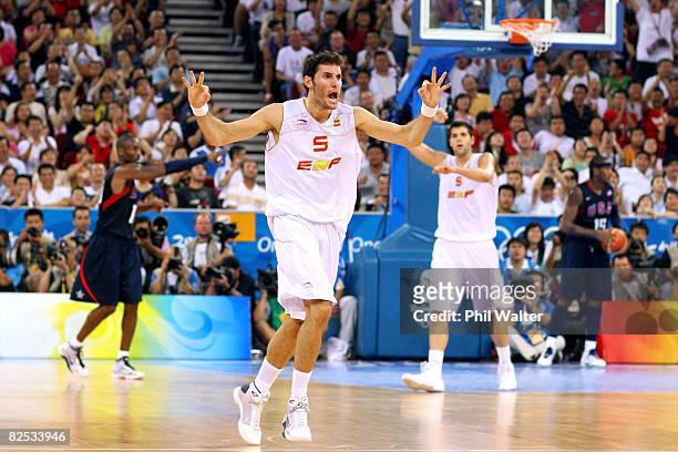 Rudy Fernandez of Spain reacts in the gold medal game against the United States during Day 16 of the Beijing 2008 Olympic Games at the Beijing...