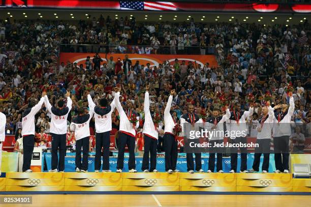 The United States team waves to the crowd after receiving the gold medal in the men's basketball final during Day 16 of the Beijing 2008 Olympic...