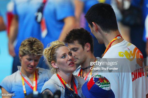 Basketball players, Lauren Jackson of Australia and Yao Ming of China speak during the Closing Ceremony for the Beijing 2008 Olympic Games at the...