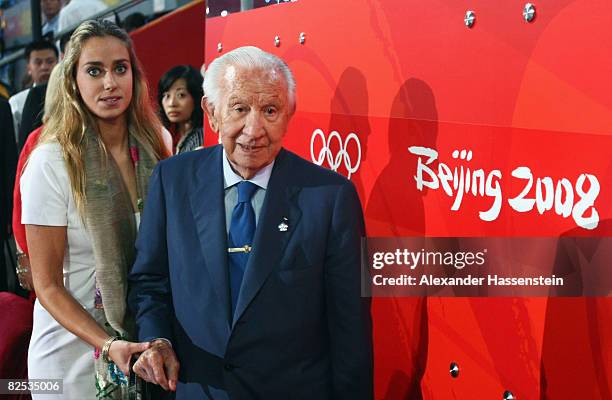 Former President of the International Olympic Committee Juan Antonio Samaranch takes his seat for the Closing Ceremony for the Beijing 2008 Olympic...