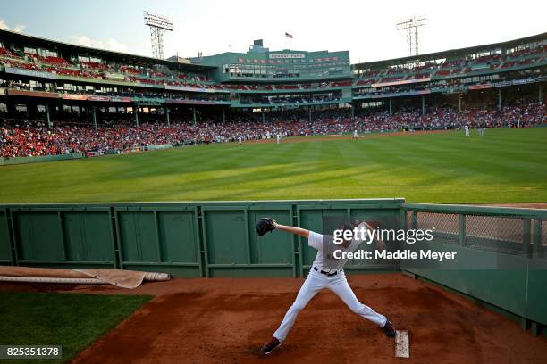 Chris Sale of the Boston Red Sox warms up in the bullpen before the game between the Boston Red Sox and the Cleveland Indians at Fenway Park on...