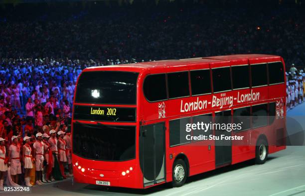 London double decker bus tours the stadium during the Closing Ceremony for the Beijing 2008 Olympic Games at the National Stadium on August 24, 2008...
