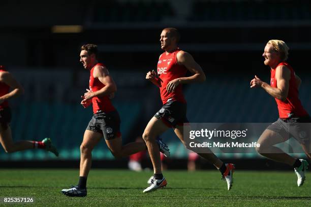 Sam Reid of the Swans runs during a Sydney Swans AFL training session at Sydney Cricket Ground on August 2, 2017 in Sydney, Australia.