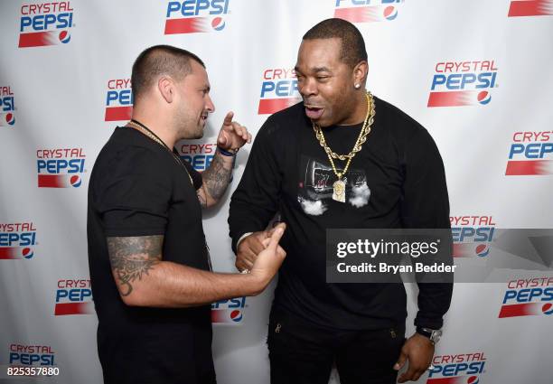 Prostyle and Busta Rhymes attend the Crystal Pepsi Throwback Tour to bring music, baseball, and iconic Clear Cola to fans at Billy's Sports Bar on...