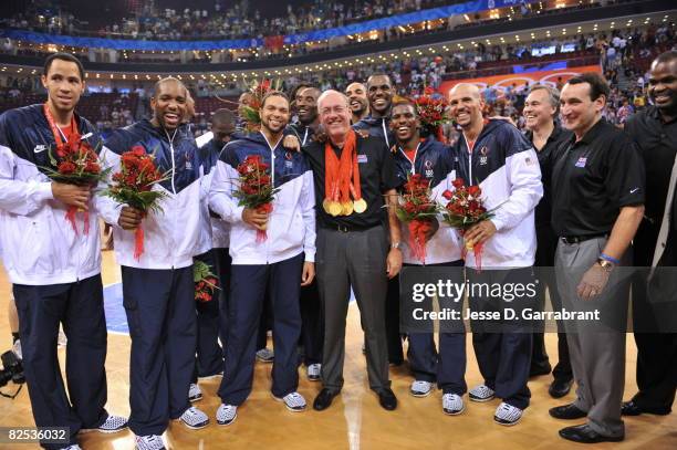 Assistant Coach Jim Boehim and the U.S. Men's Senior National Team celebrates winning the men's gold medal basketball game at the 2008 Beijing...
