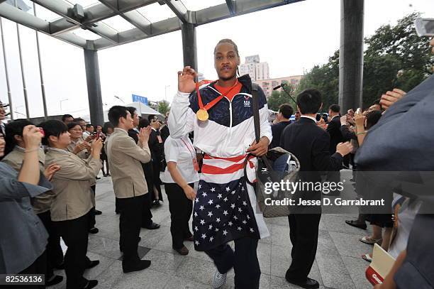 Carmelo Anthony of the U.S. Men's Senior National Team celebrates winning the men's gold medal at the 2008 Beijing Olympic Games at the...
