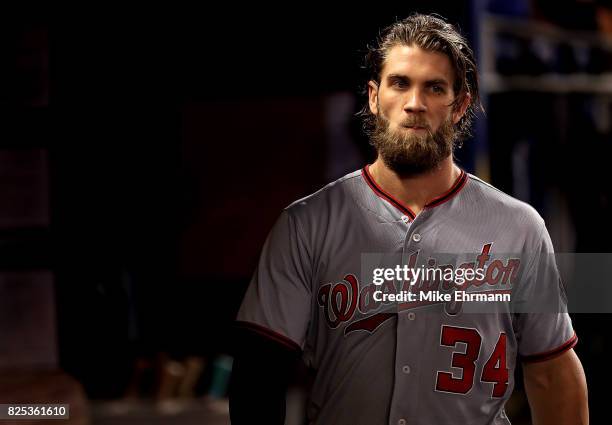 Bryce Harper of the Washington Nationals looks on during a game against the Miami Marlins at Marlins Park on August 1, 2017 in Miami, Florida.