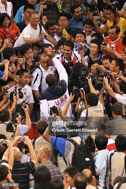 Kobe Bryant of the U.S. Men's Senior National Team celebrates winnng the men's gold-medal with Rob Pelinka at the 2008 Beijing Olympic Games at the...